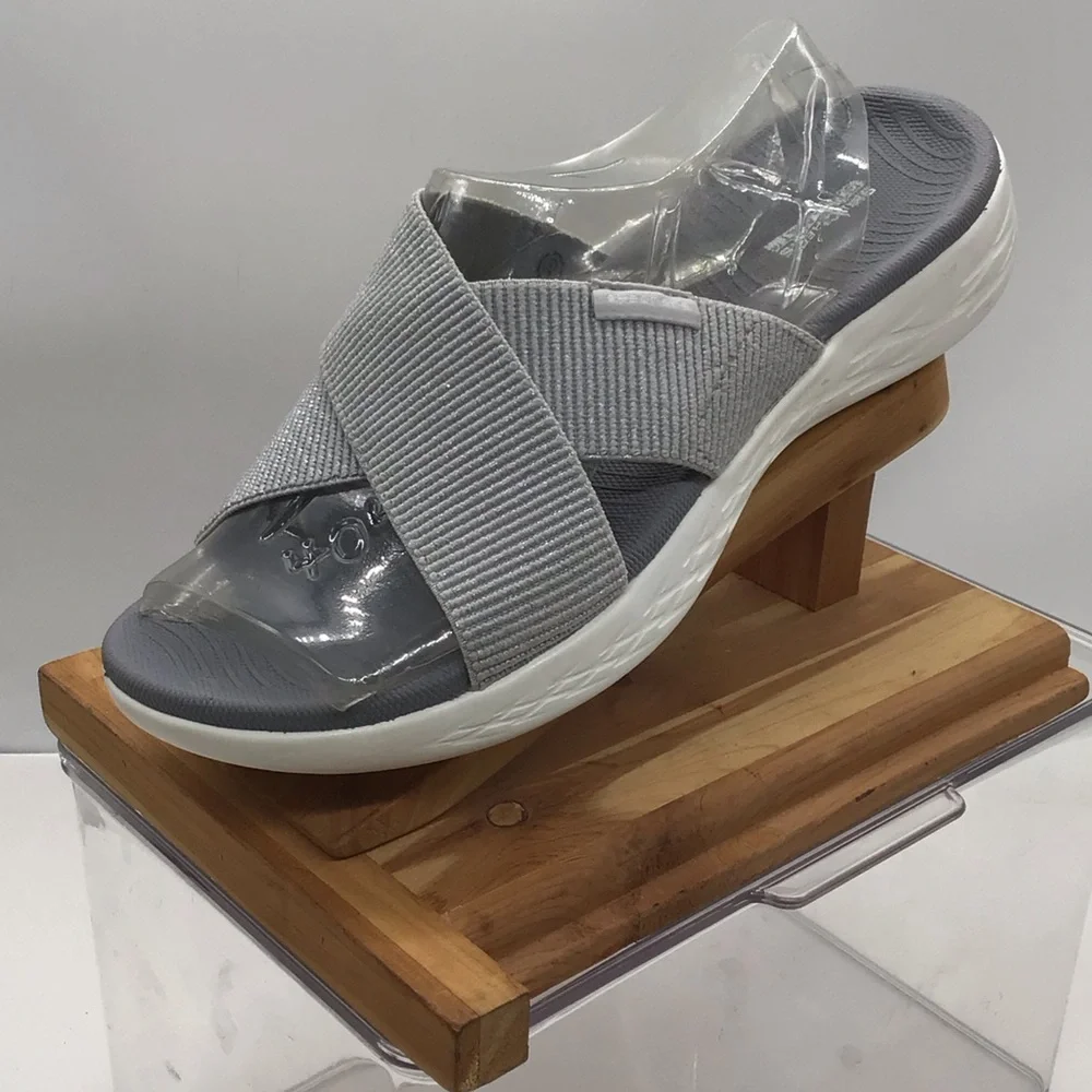Skechers Goga Mat Gray Stretch Criss Cross Slide On Sandal - Picture 1 of 9